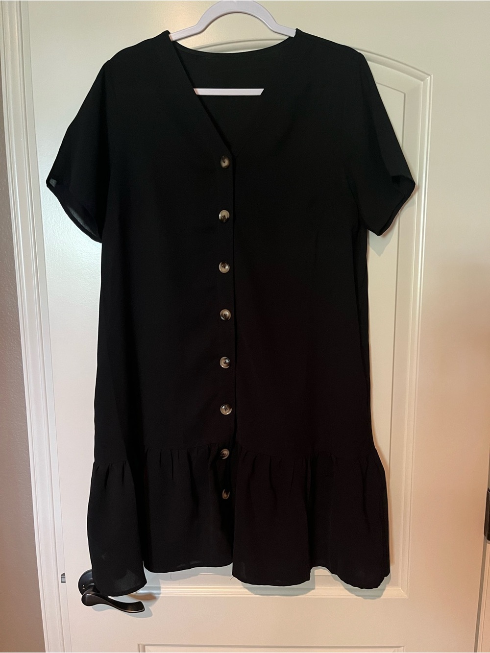 Black Button-Front Short Sleeve Dress with Ruffle Hem